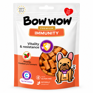 Ласощі для собак Bow Wow Premium Immunity для підтримання імунітету з шипшиною, журавлиною та колагеном, 60 г Ласощі для собак Bow Wow Premium Immunity для підтримання імунітету з шипшиною, журавлиною та колагеном, 60 г