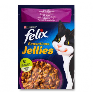 Вологий корм для котів Felix Sensations Jellies з качкою в желе зі шпинатом, 85 г