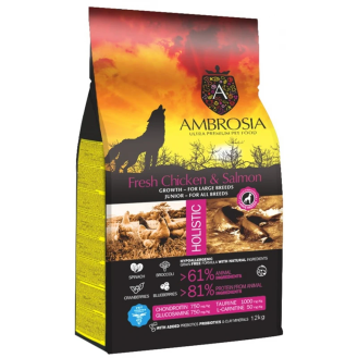 Сухий корм Ambrosia Grain Free для цуценят великих порід з куркою та свіжим лососем 12 кг Сухий корм Ambrosia Grain Free для цуценят великих порід з куркою та свіжим лососем 12 кг