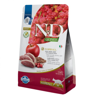 Сухий беззерновий корм для стимулювання виведення шерстяних грудочок для котів Farmina N&D QUINOA Hairball з качкою, кіноа, яблуком та журавлиною 300г
