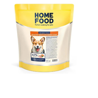 Сухий корм для дорослих собак середніх порід для здорової шкіри та блиску шерсті Home Food 300 г - індичка та лосось Сухий корм для дорослих собак середніх порід для здорової шкіри та блиску шерсті Home Food 300 г - індичка та лосось